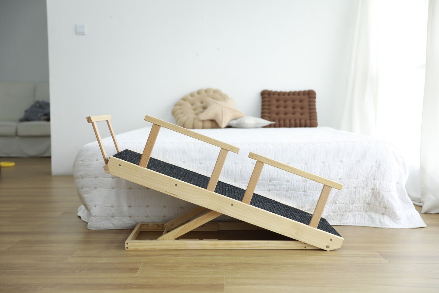 Tall Adjustable Pet Ramp, Folding Portable Wooden Dog Cat Ramp with Safety Side Rails, Non-Slip Paw Traction Surface Dog Step for Car, SUV, Bed, Couch, Adjustable Height from 9.3" to 24"