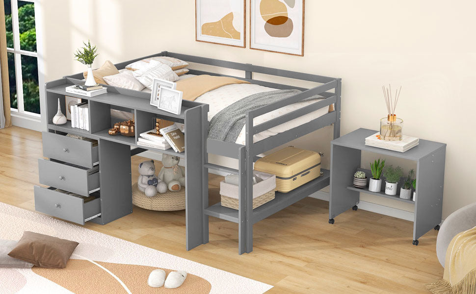 Full Size Low Loft Bed with Rolling Portable Desk, Drawers and Shelves, Gray(: GX000711AAE)