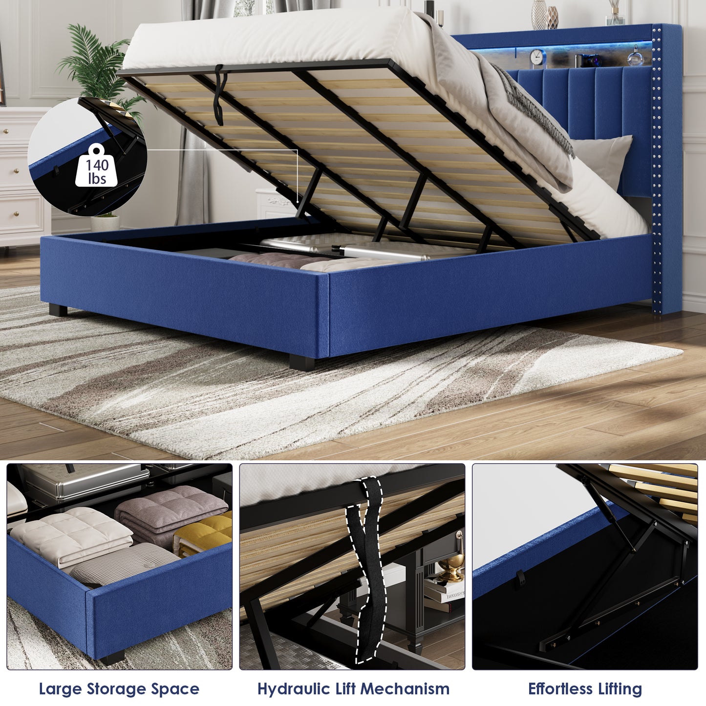 Luxury Gas Lift Storage Bed with RF LED Lights, Storage Headboard ,QUEEN Size ,Velvet Blue