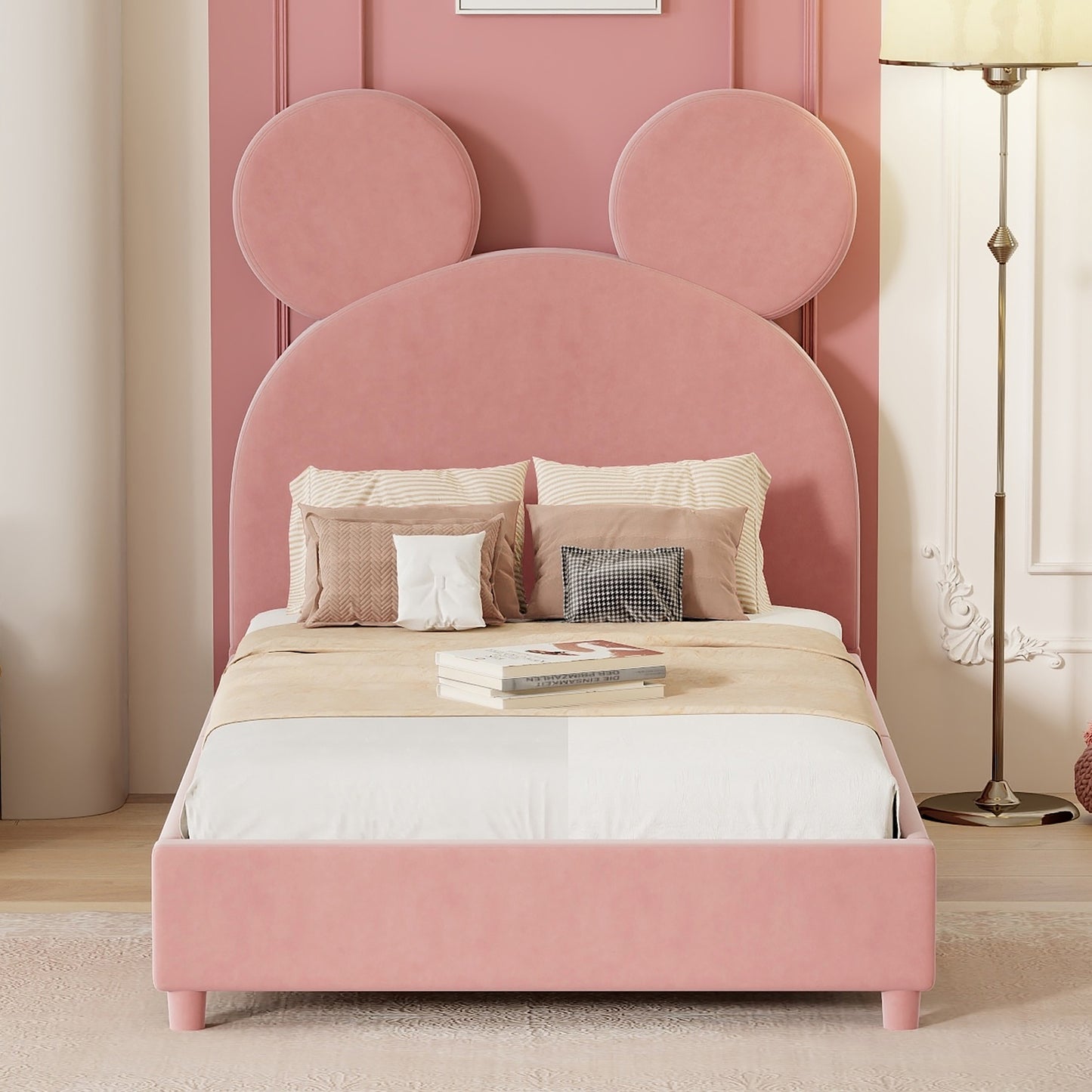 Twin Size Upholstered Platform Bed with Bear Ear Shaped Headboard, Pink