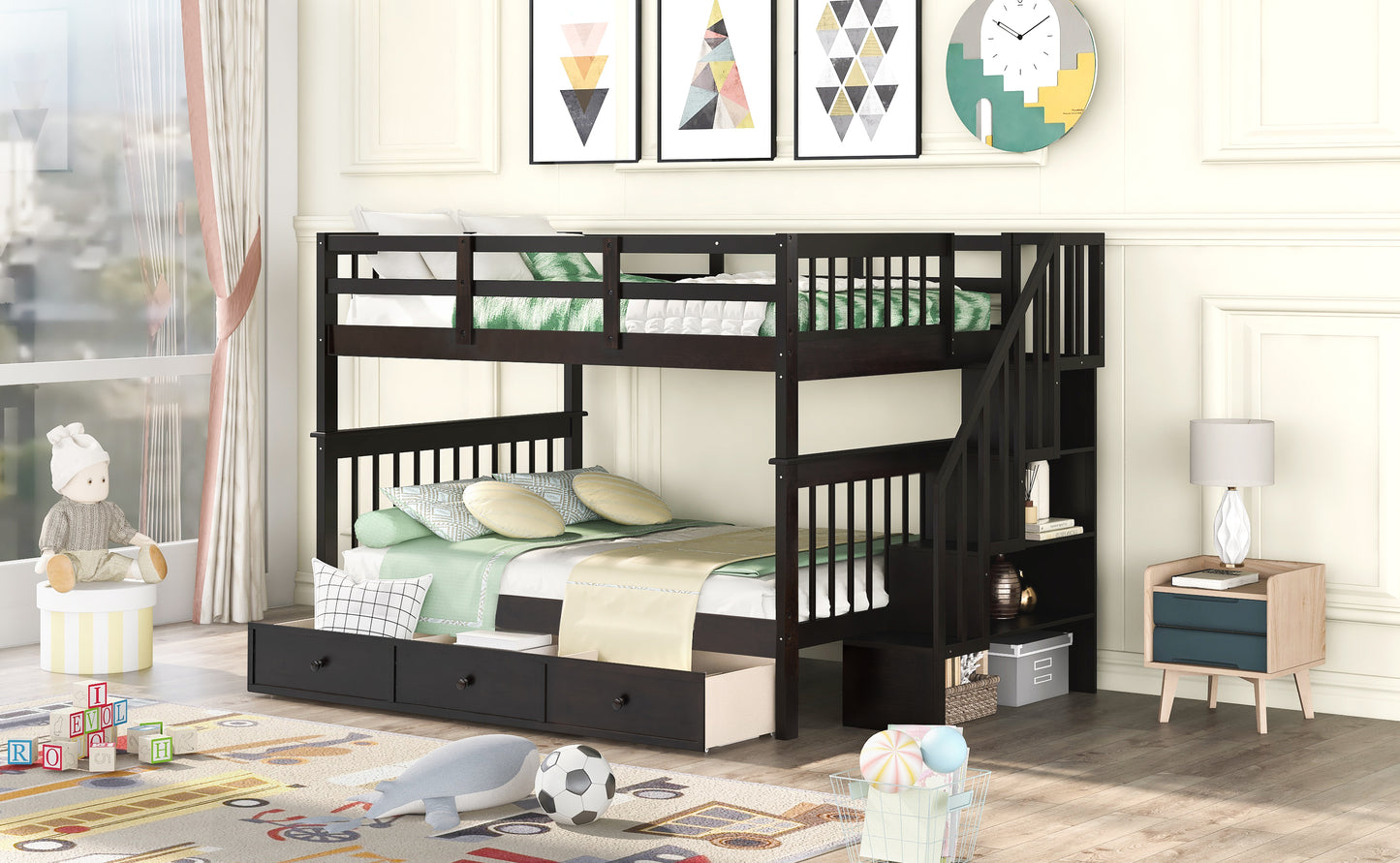 Espresso Wooden Staircase Bunk Bed with Storage and Drawer