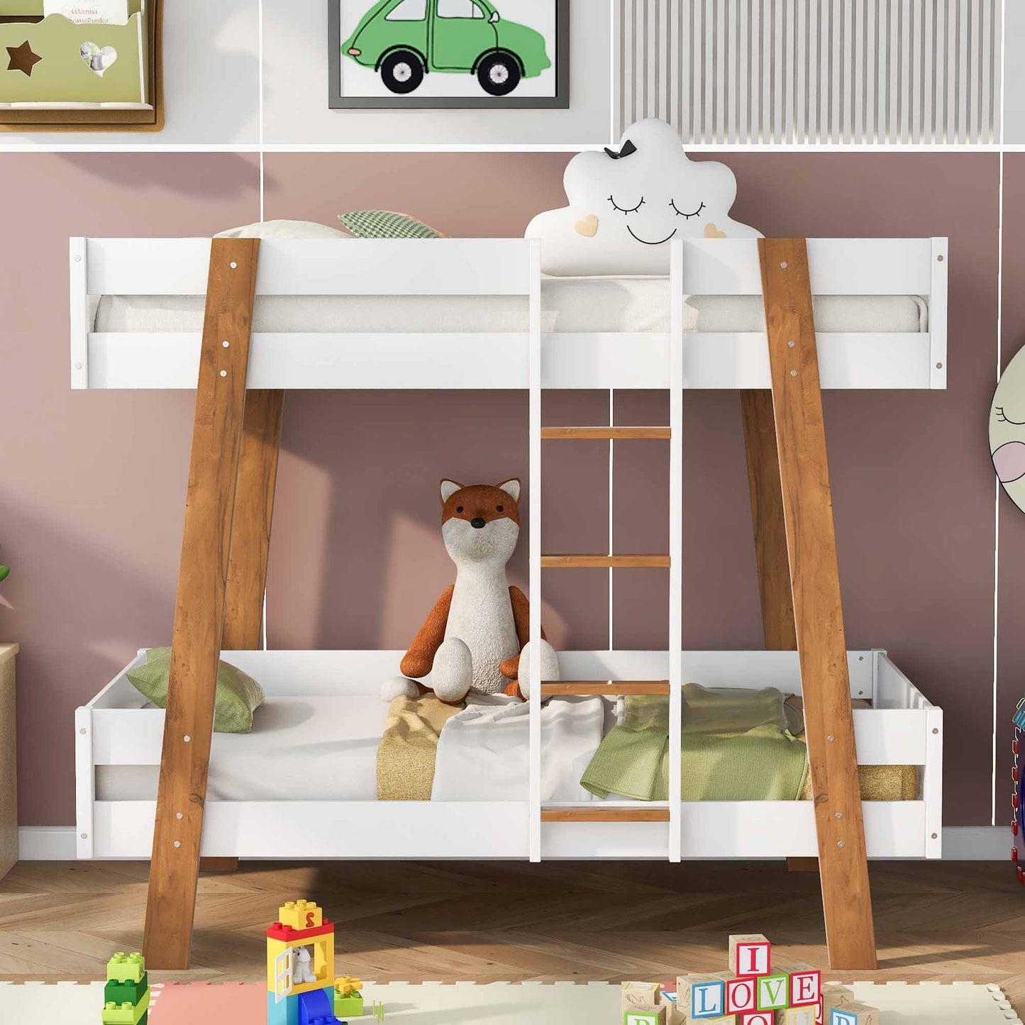 Rustic White Twin Size Bunk Bed with Wooden Columns and Attached Ladder