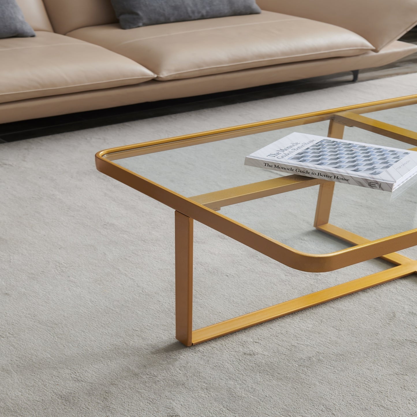 Sleek Rectangle Coffee Table with Golden Metal Frame and Tempered Glass Tabletop