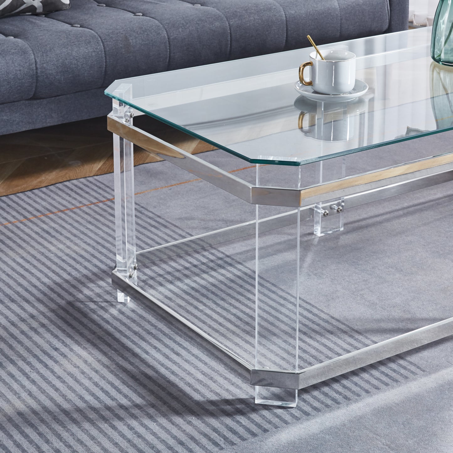 Stylish Silver Stainless Steel Coffee Table With Acrylic Legs and Clear Glass CS-1134
