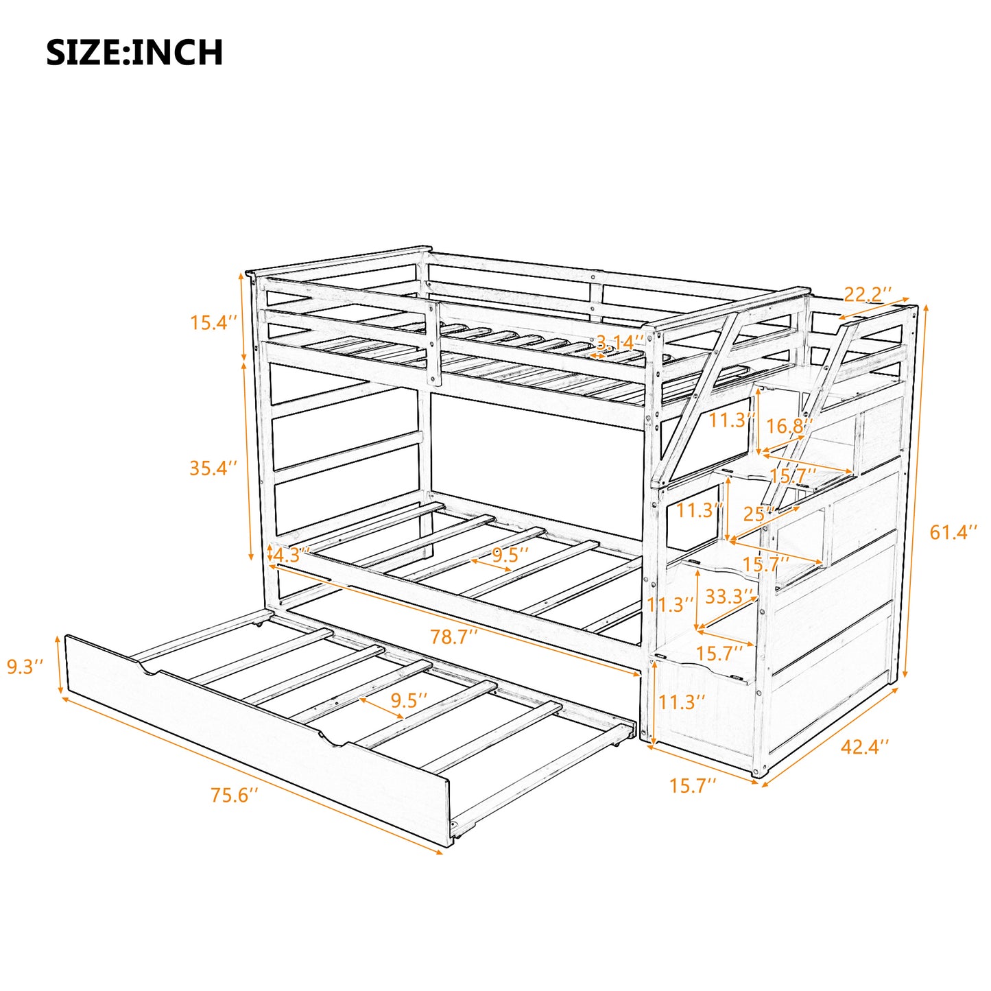 Elegantly Functional Espresso Twin Bunk Bed with Trundle, Stairs, and Storage