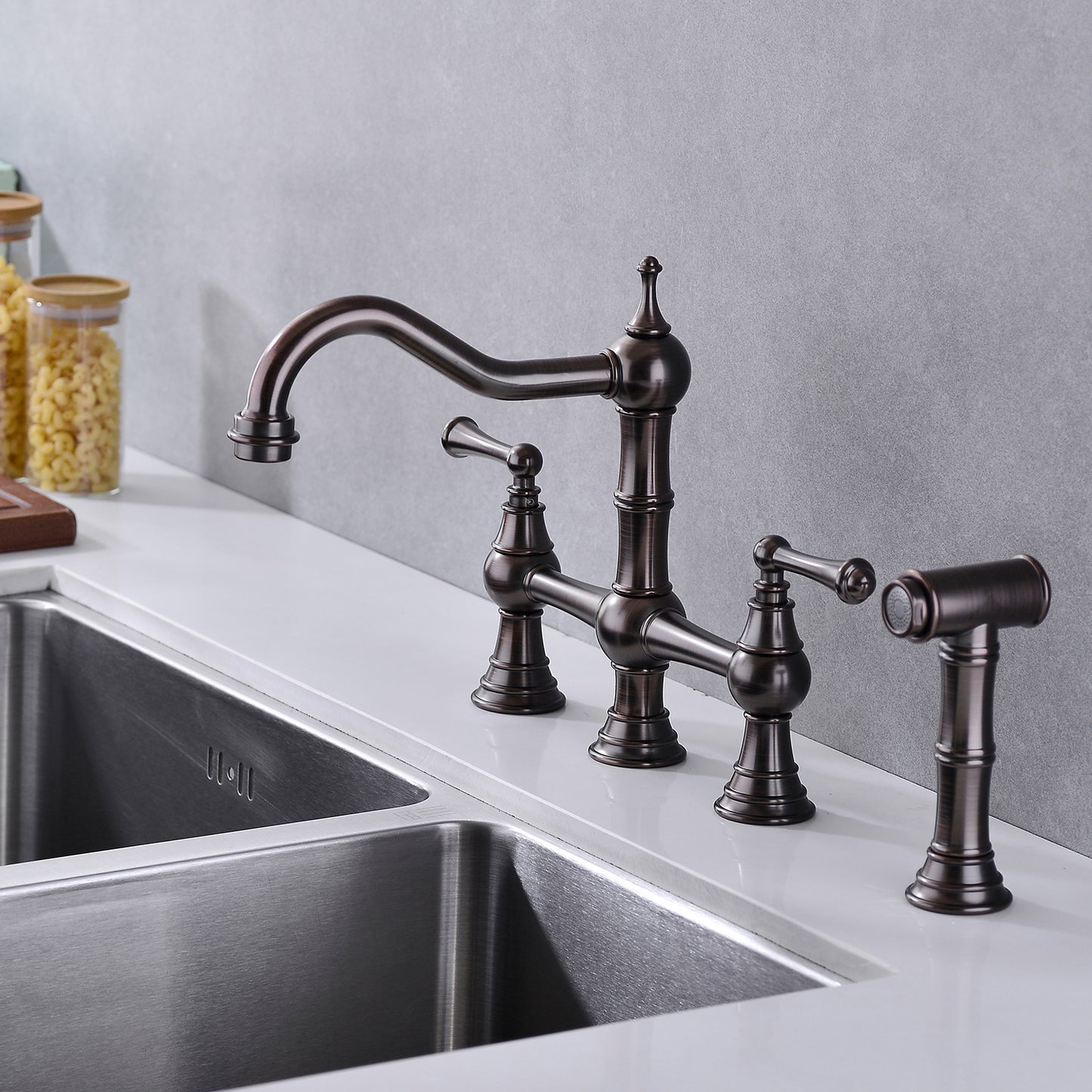 Bridge Dual Handles Kitchen Faucet With Pull-Out Side Spray in