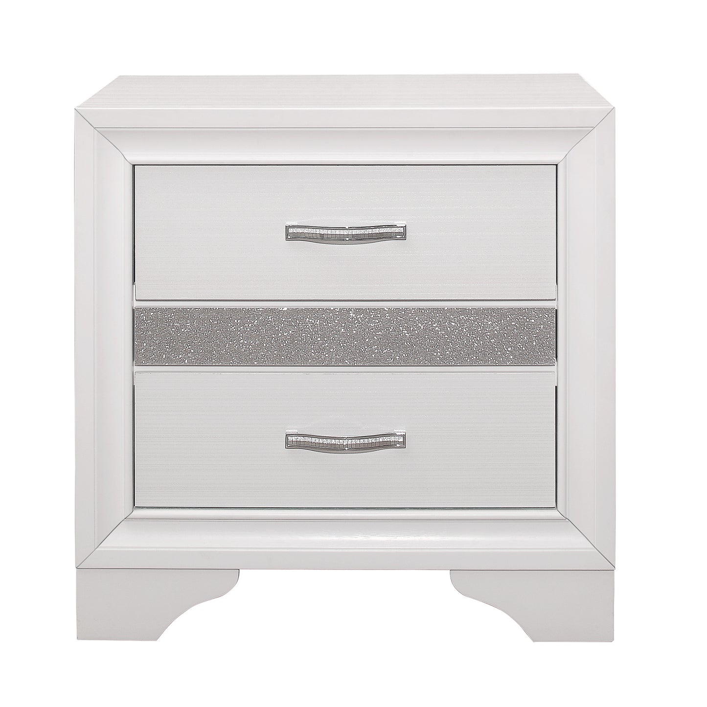 Glamorous Bedroom Furniture 1pc Nightstand of Drawers with Hidden Felt-Lined Jewelry Drawer White Finish and Silver Glitter