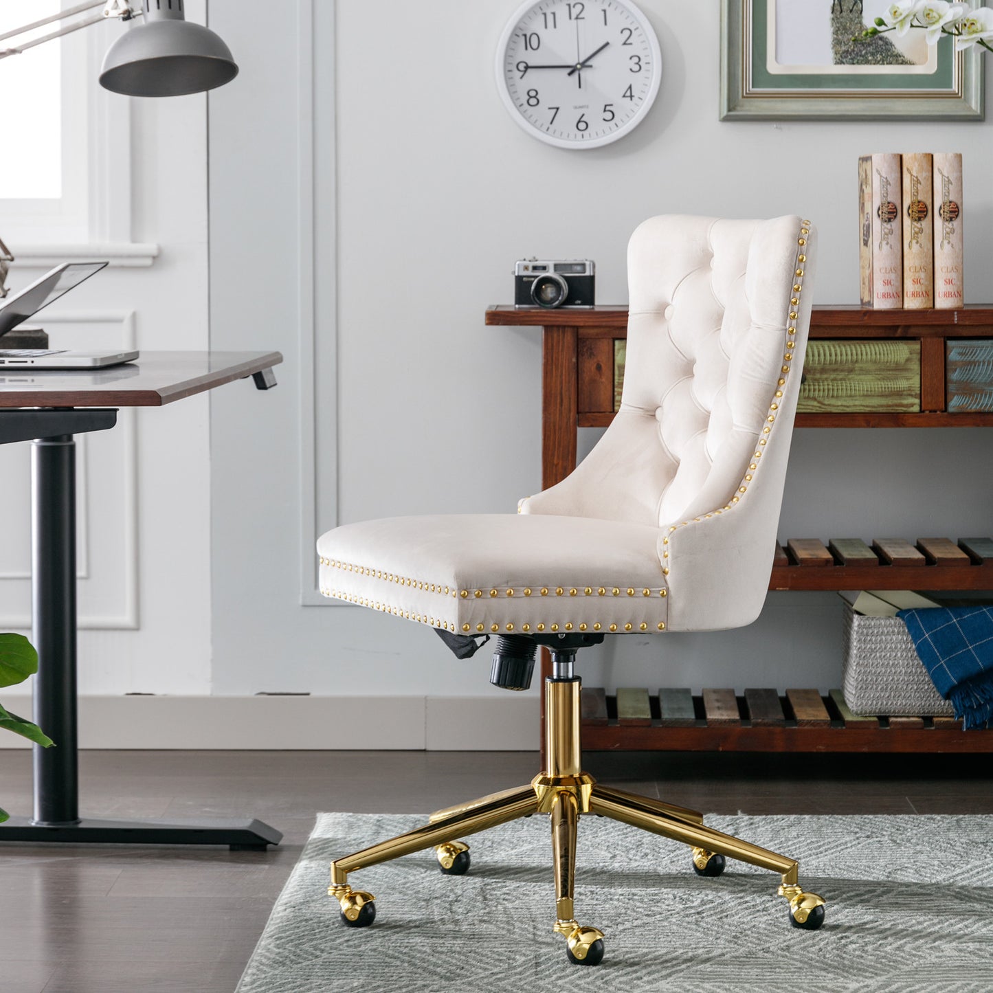 A&A Furniture Office Chair,Velvet Upholstered Tufted Button Home Office Chair with Golden Metal Base,Adjustable Desk Chair Swivel Office Chair (Beige)