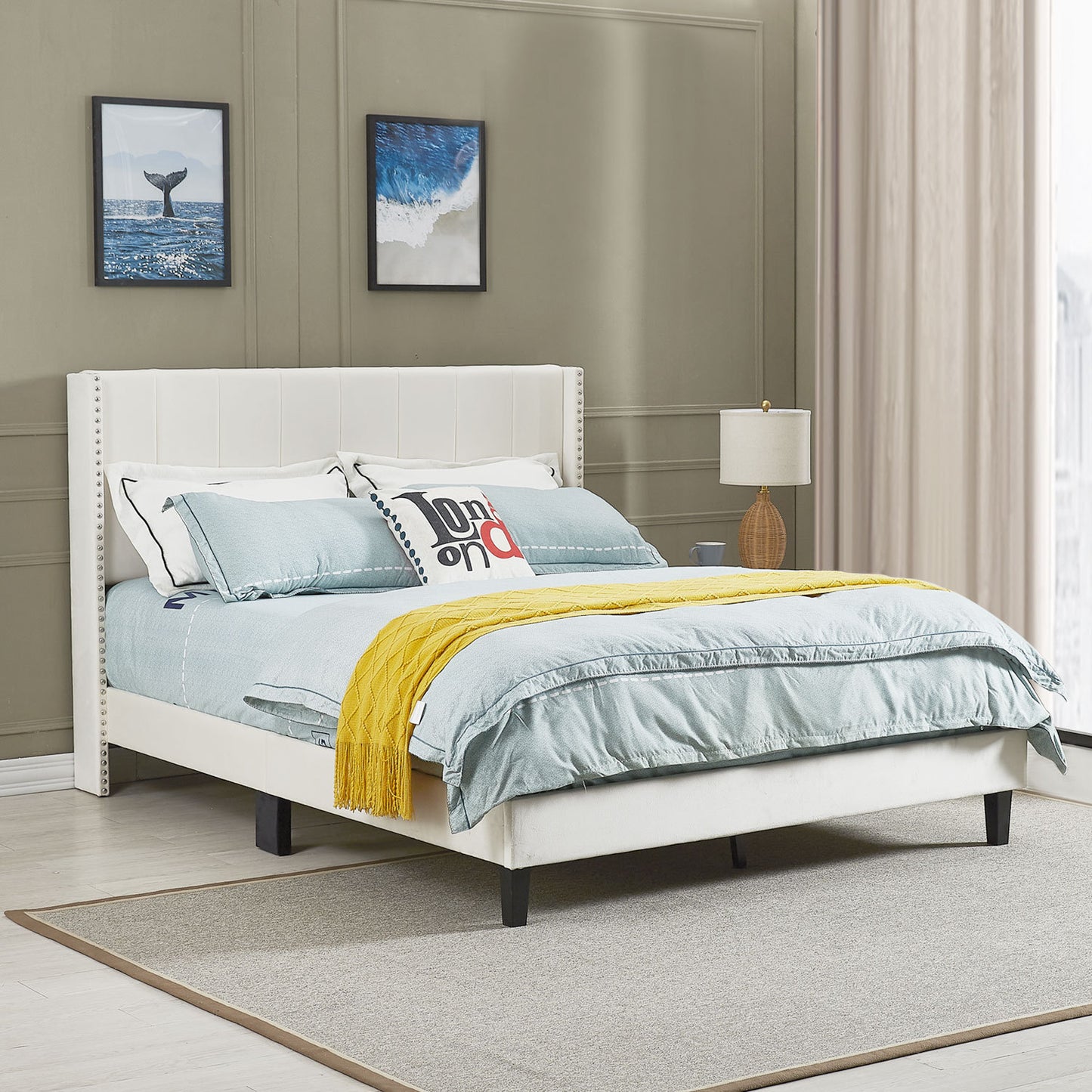 Queen Bed Frame/Velvet Upholstered Bed Frame with Vertical Channel Tufted Headboard Beige