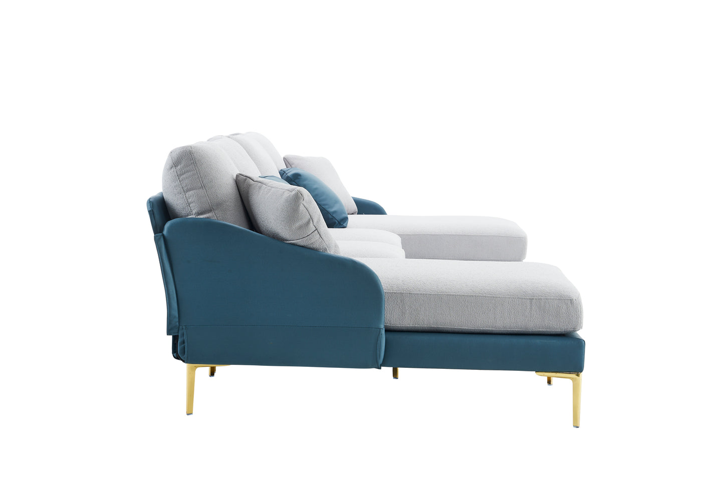 Modern large area Linen+Leathaire fabric color matching segmented sofa, ultra wide lounge chair, golden legs, U-shaped, blue+light gray