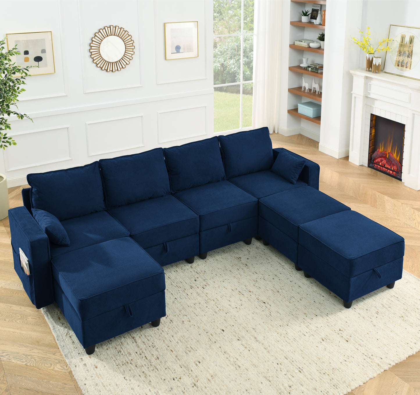 Single Seat of Module Sofa without Armrest, Navy Blue Corduroy Velvet