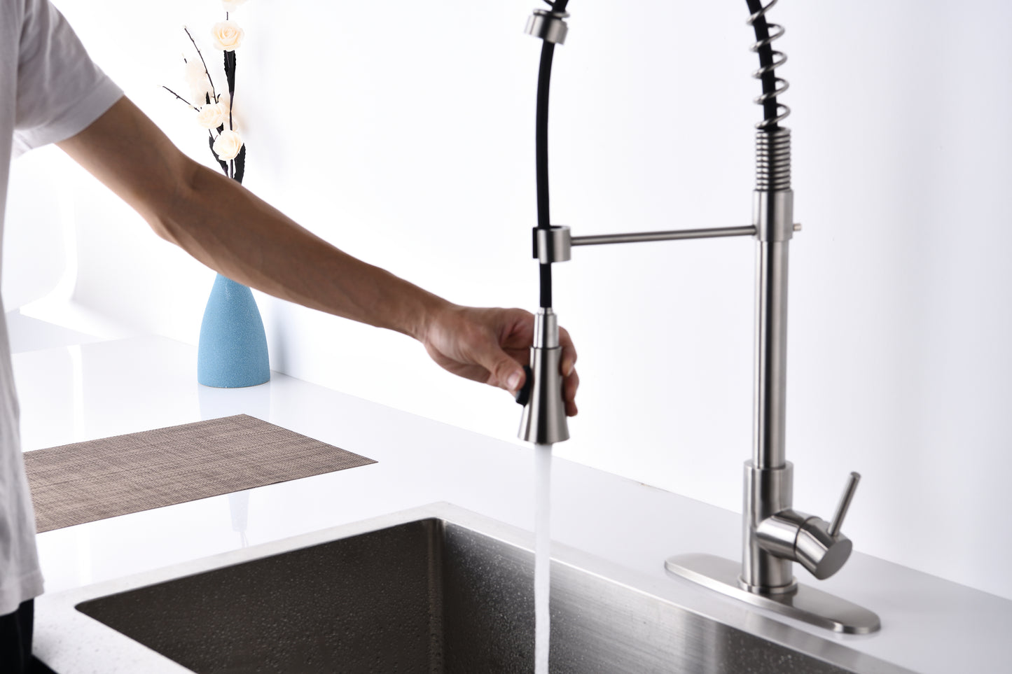 Brushed Nickle Single Handle Commercial Modern Spring High Arc Kitchen Faucet