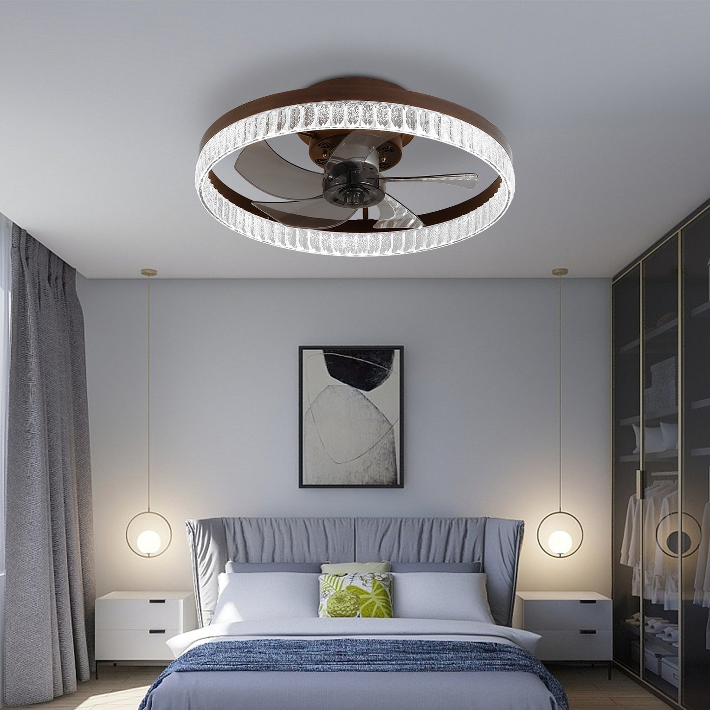 Modern Ring LED Chandelier Ceiling Fan with Remote Control for Bedroom and Living Room