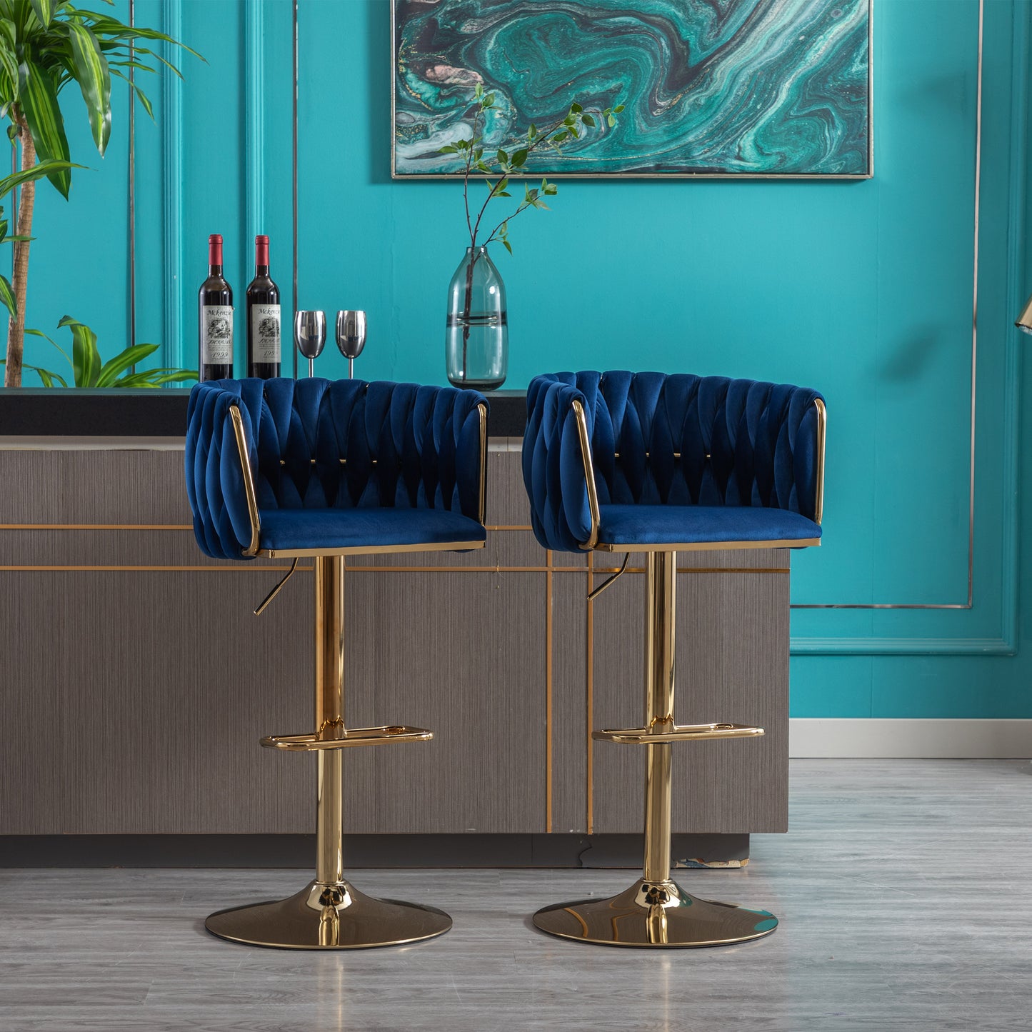 Set of 2  Bar Stools,with Chrome Footrest and Base Swivel Height Adjustable Mechanical Lifting Velvet + Golden Leg Simple Bar Stool-Navy