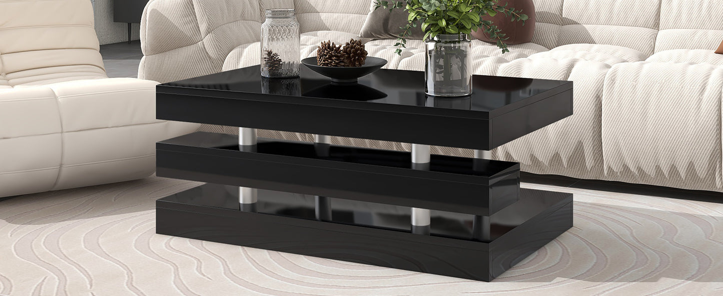 Black Contemporary 2-Tier Coffee Table with Sleek Metal Legs and High-Gloss UV Surface