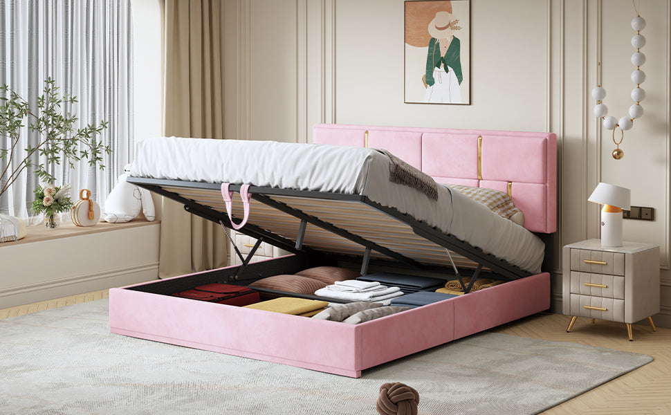 Queen Size Upholstered Platform Bed with Hydraulic Storage System,No Box Spring Needed,Pink