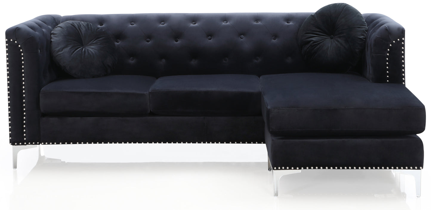 Elegant Black Velvet Sofa Chaise with Chrome Accents