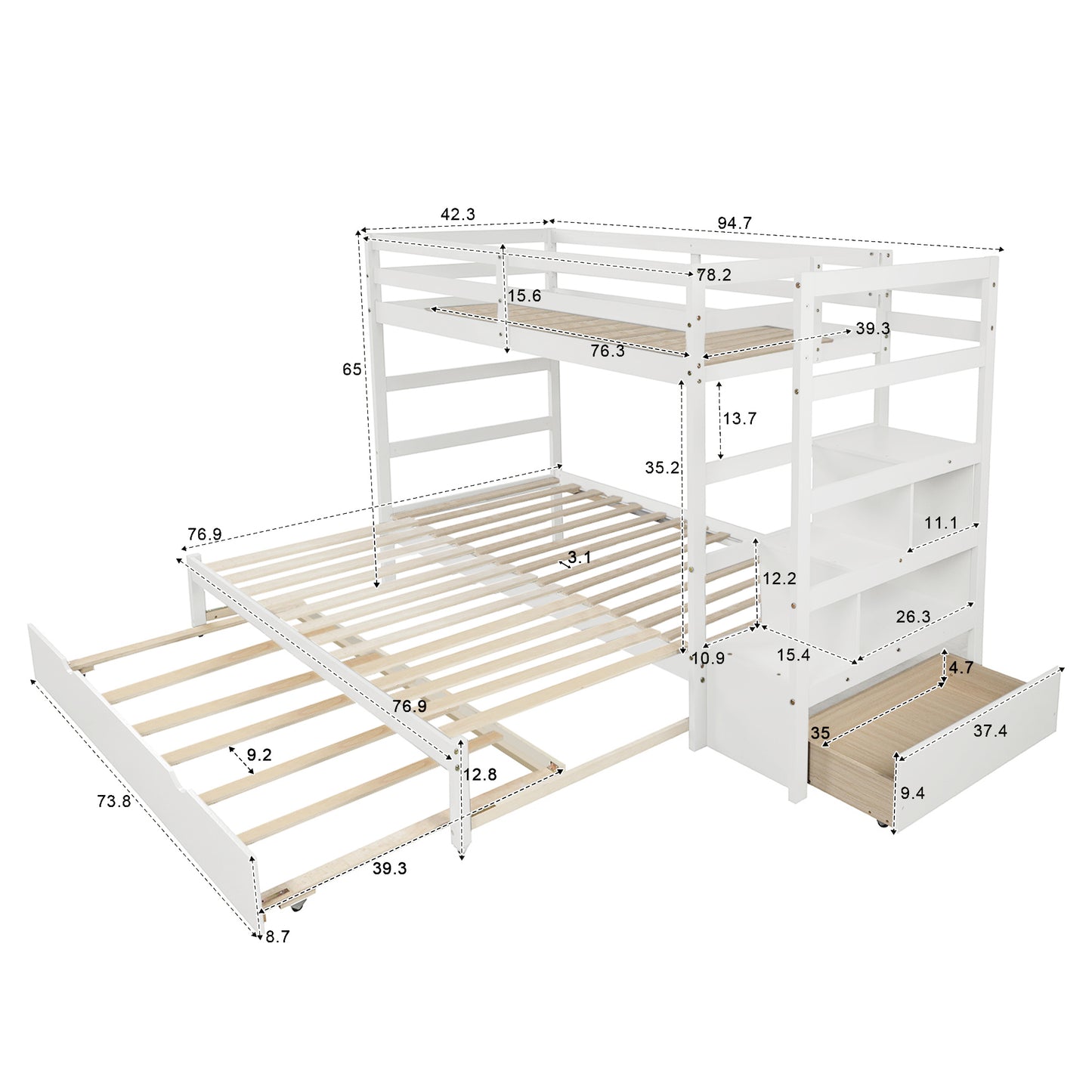 Convertible Storage Bunk Bed with Trundle, Stairs, and Versatile Design (White)