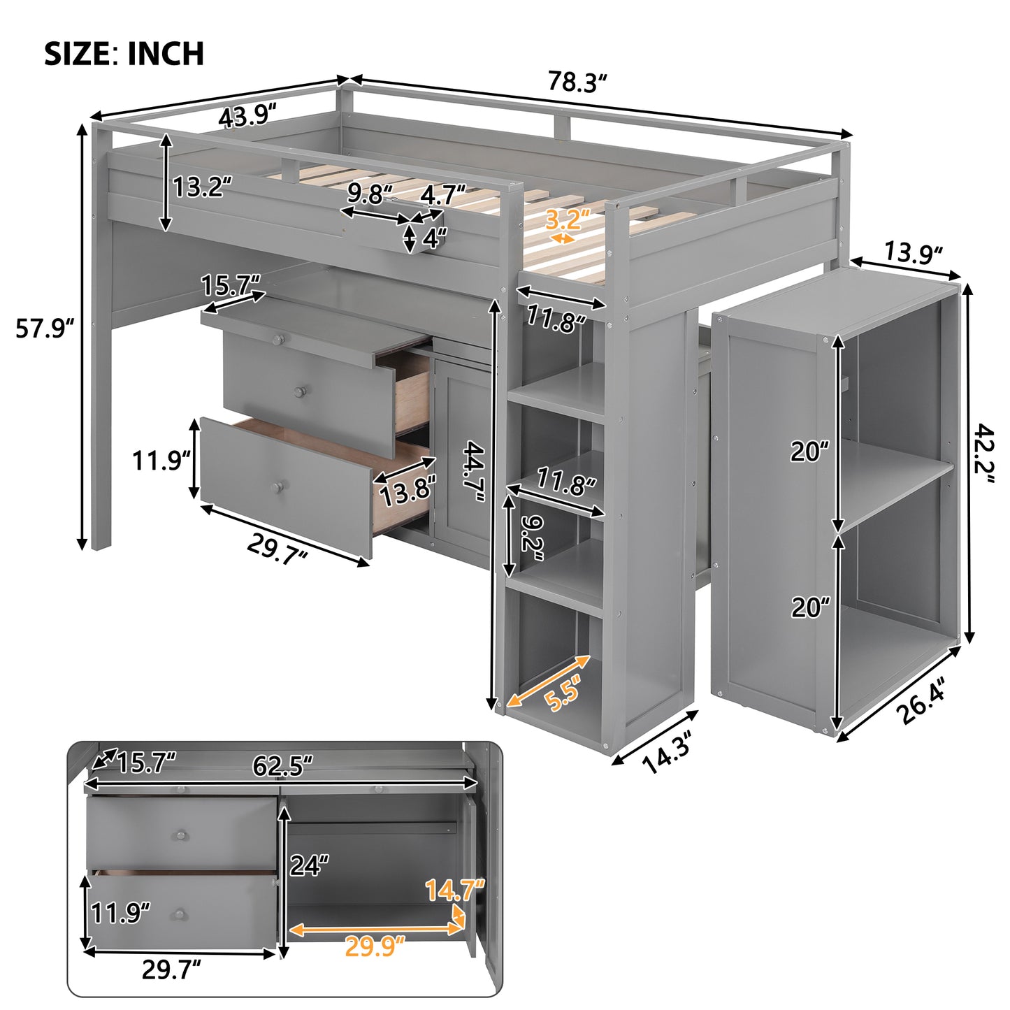 Loft Bed with Rolling Cabinet and Desk - Gray