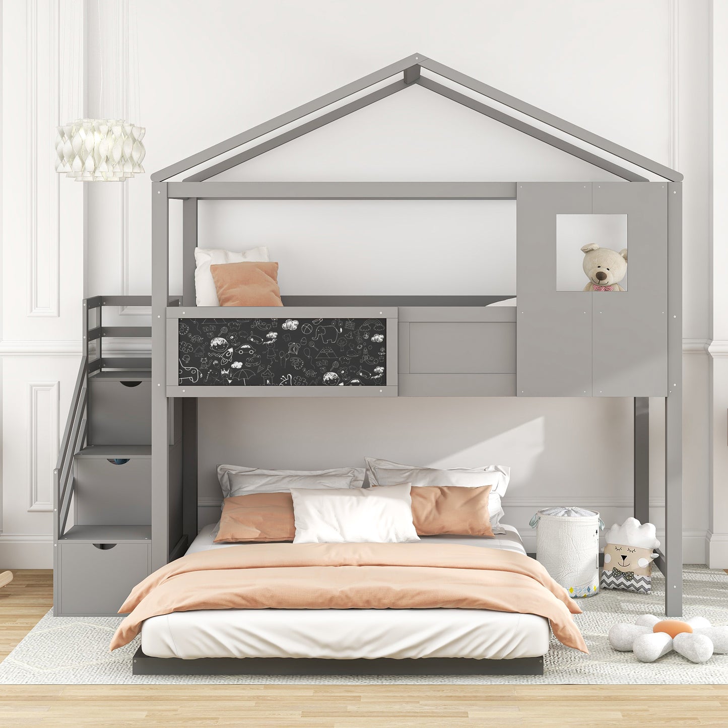 Whimsical Grey House Bunk Bed with Storage Staircase and Window