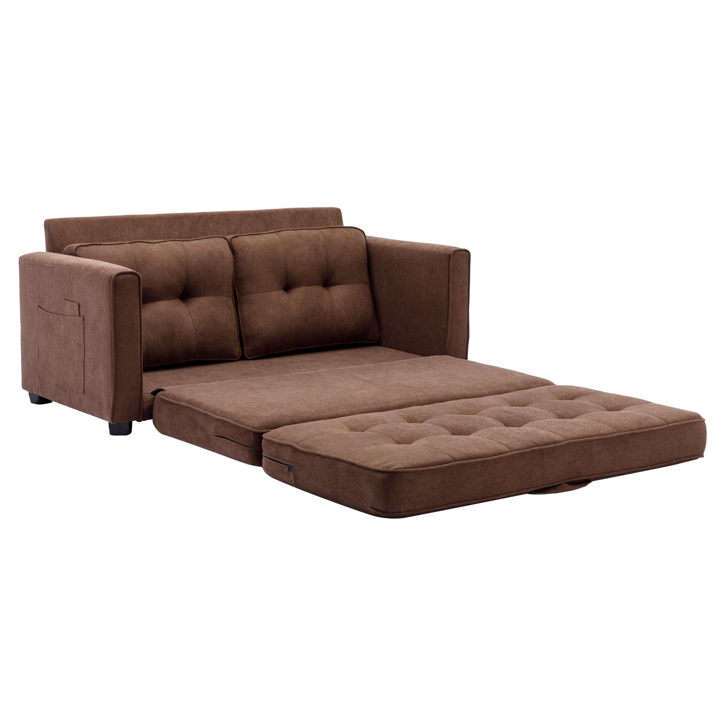 59.4 Pull-Out Loveseat Sofa Bed with Side Pocket, Brown Chenille Upholstered Couch