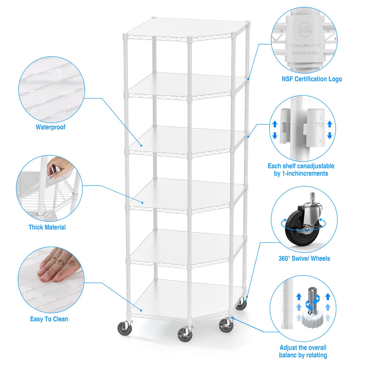 6 Tier Shelf Corner Wire Shelf Rack Pentagonal Shelves with Wheels Adjustable Metal Heavy Duty Free Standing Corner Storage Display Chrome Rack for Bathroom, Living Room, Kitchen - White