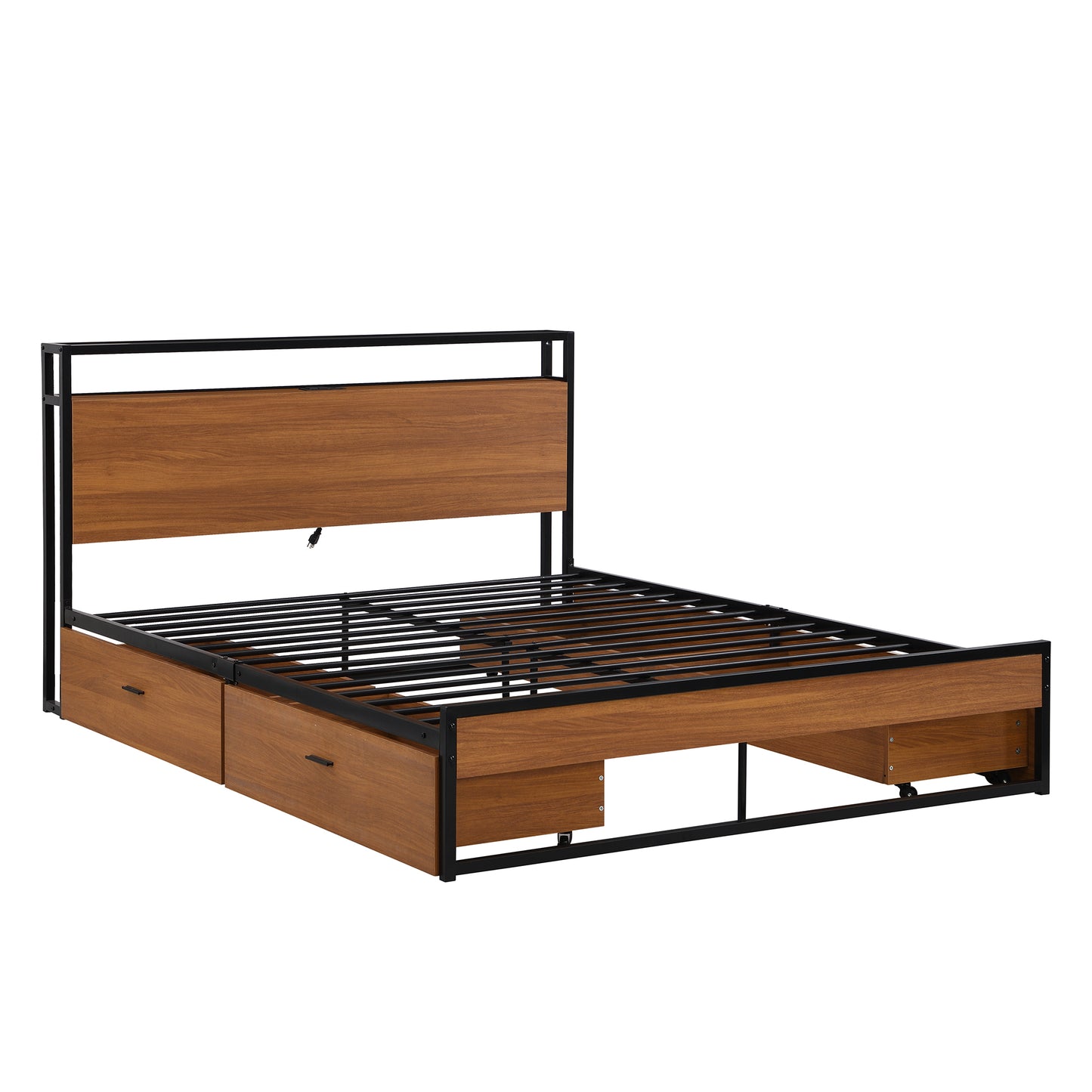 Queen Size Metal Platform Bed Frame with Four Drawers,Sockets and USB Ports ,Slat Support No Box Spring Needed Black