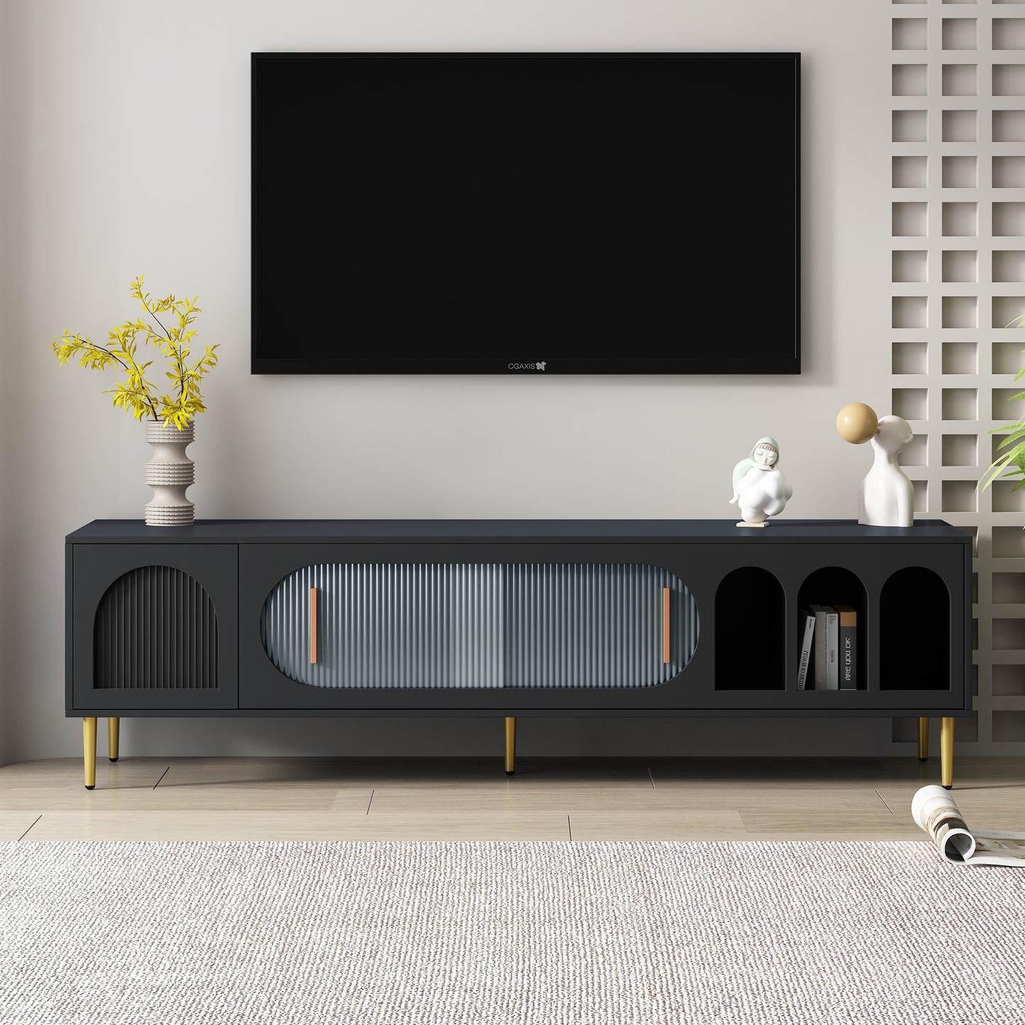 Elegant TV Console with Golden Accents for 80'' TV, Modern Media Stand with Storage Cabinet and Cable Management