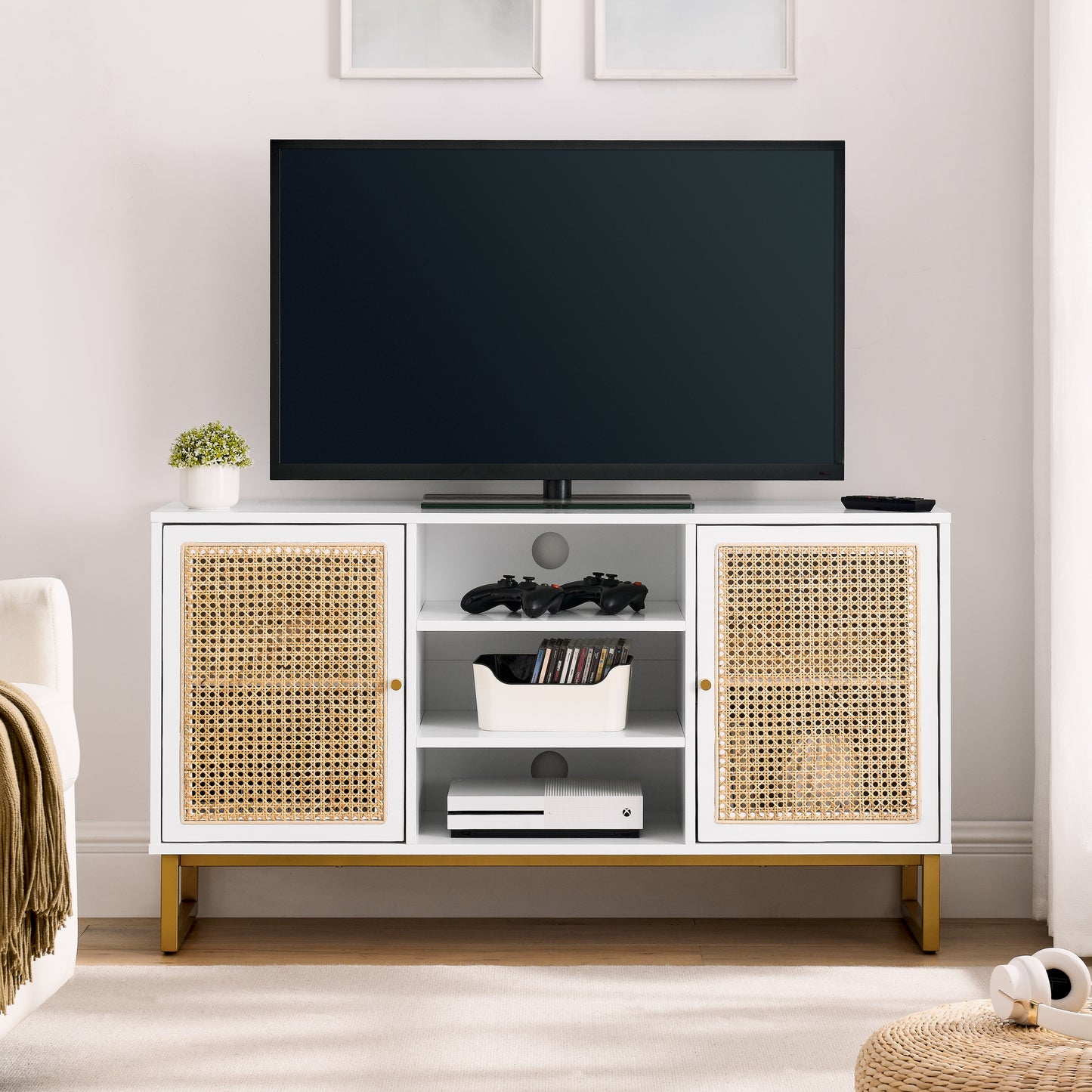 47 Inch White Rattan TV Stand with Adjustable Shelves and Metal Legs