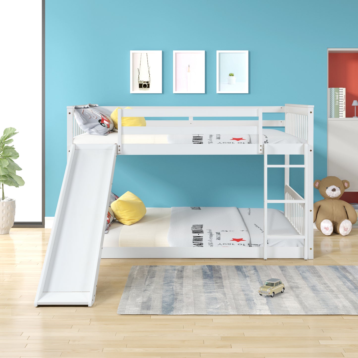 Full over Full White Bunk Bed with Slide and Ladder