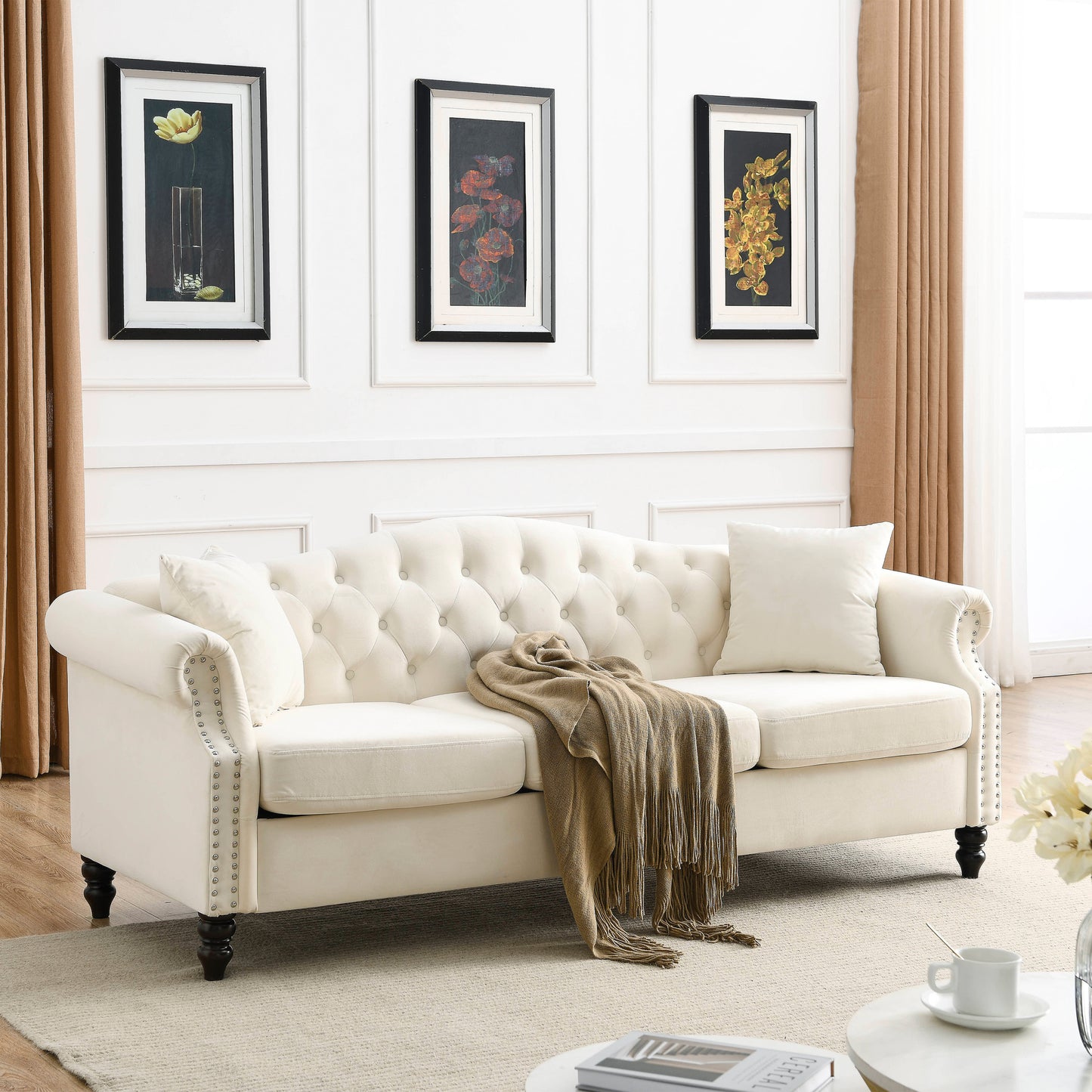 [Video] 79" Chesterfield Sofa Beige Velvet for Living Room, 3 Seater Sofa Tufted Couch with Rolled Arms and Nailhead for Living Room, Bedroom, Office, Apartment, two pillows