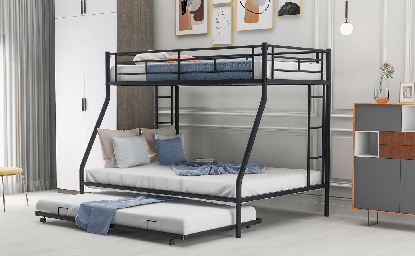 Twin over Full Bunk Bed with Trundle and Ladders for Space-Saving Sleep Solution