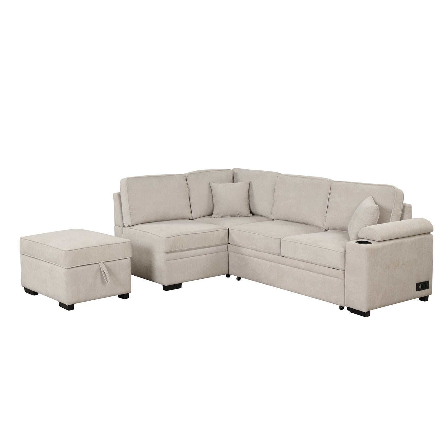 87.4 Beige L-Shape Sleeper Sofa Bed with Storage Ottoman