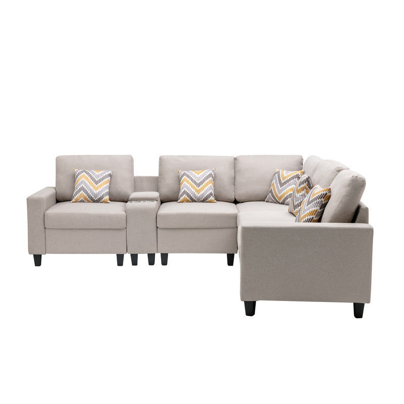 Nolan Beige Linen Fabric 6-Piece Reversible Sectional Sofa with USB, Charging Ports, Cupholders, Console Table, Pillows, and Interchangeable Legs