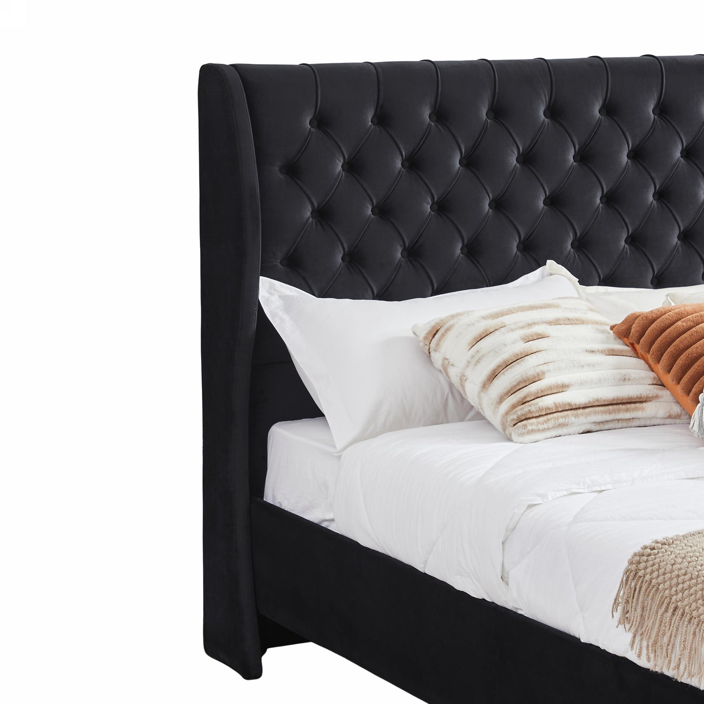 Queen Size Platform Bed Frame, Velvet Upholstered Sleigh Bed with Scroll Wingback Headboard & Footboard/Button Tufted/No Box Spring Required/Easy Assembly/Black