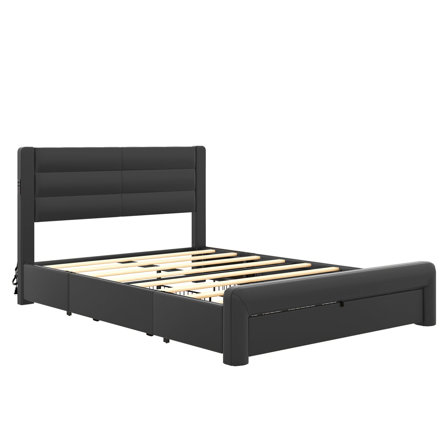 Queen Size Bed Frame with Drawers Storage, Leather Upholstered Platform Bed with Charging Station, Black