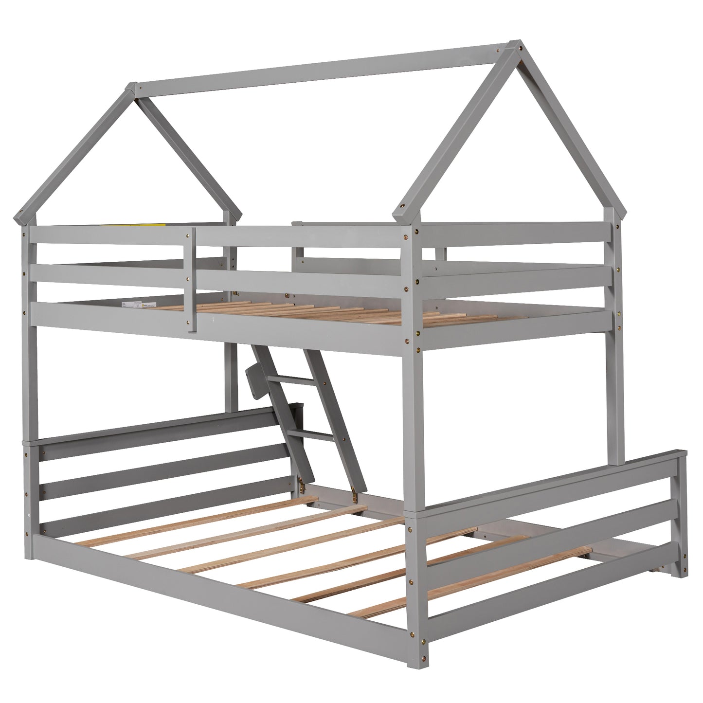 Gray Twin over Full House Bunk Bed with Loft Ladder