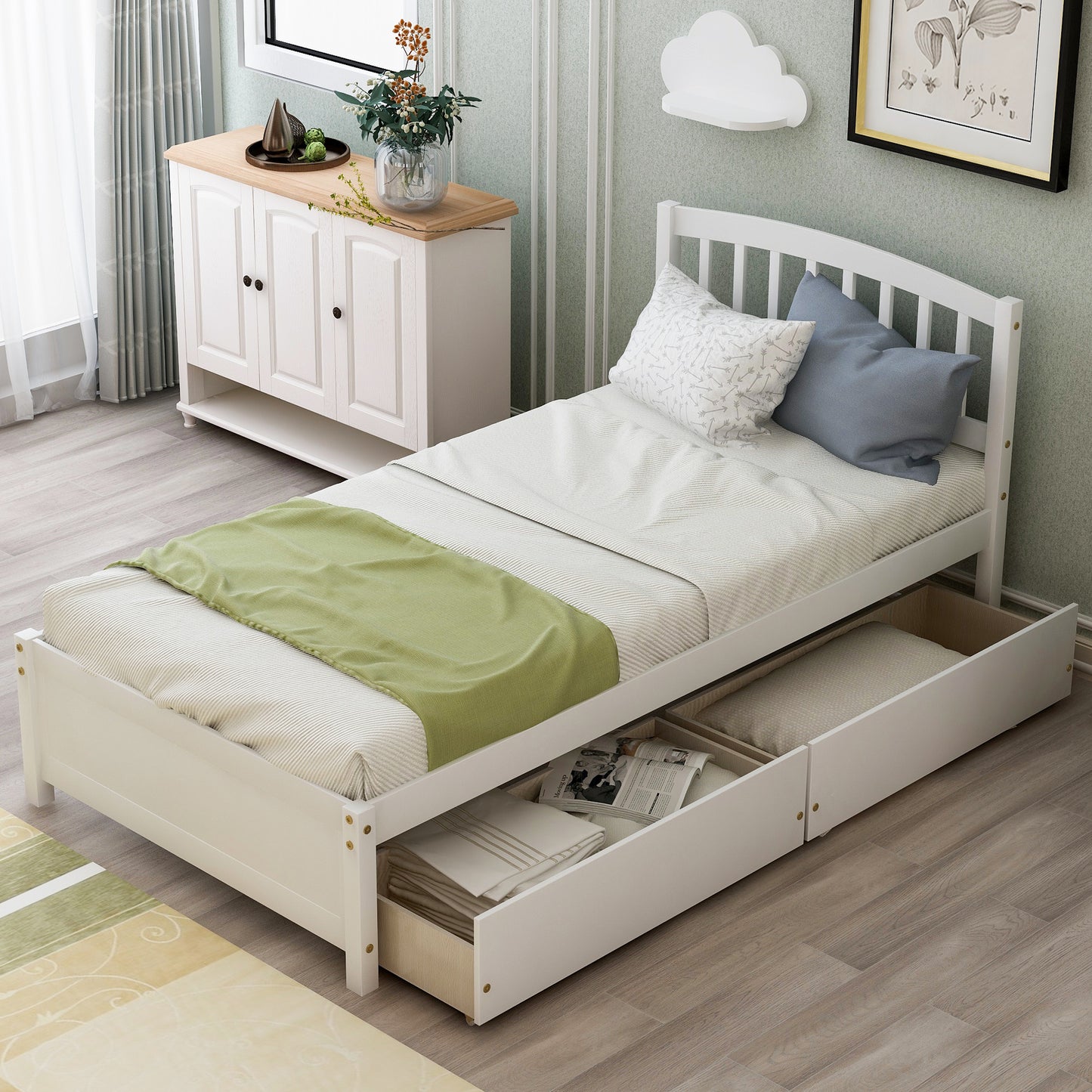 Twin Platform Storage Bed Wood Bed Frame with Two Drawers and Headboard, White (Previous SKU: SF000062KAA)