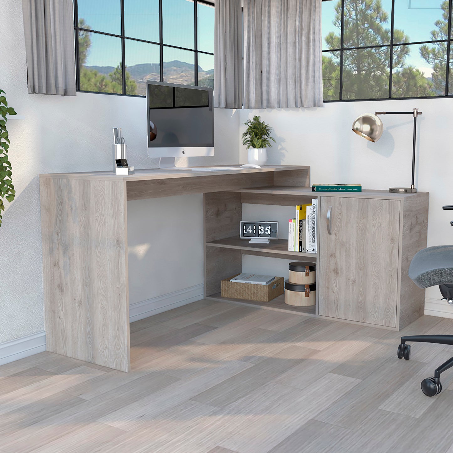 L-Shaped Light Gray Office Desk with Storage Shelves Desti