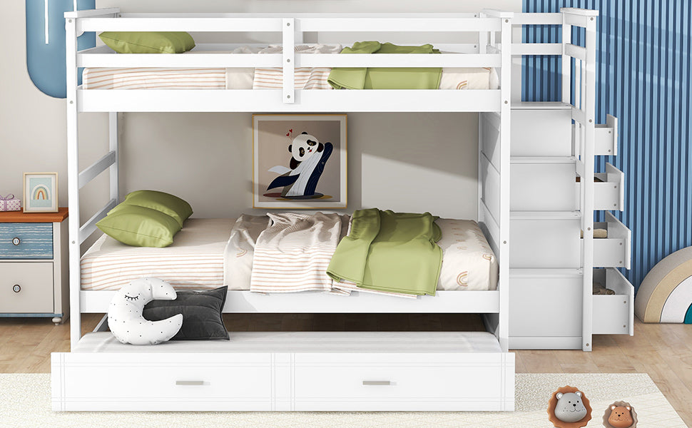 White Full-Over-Full Bunk Bed with Staircase and Trundle