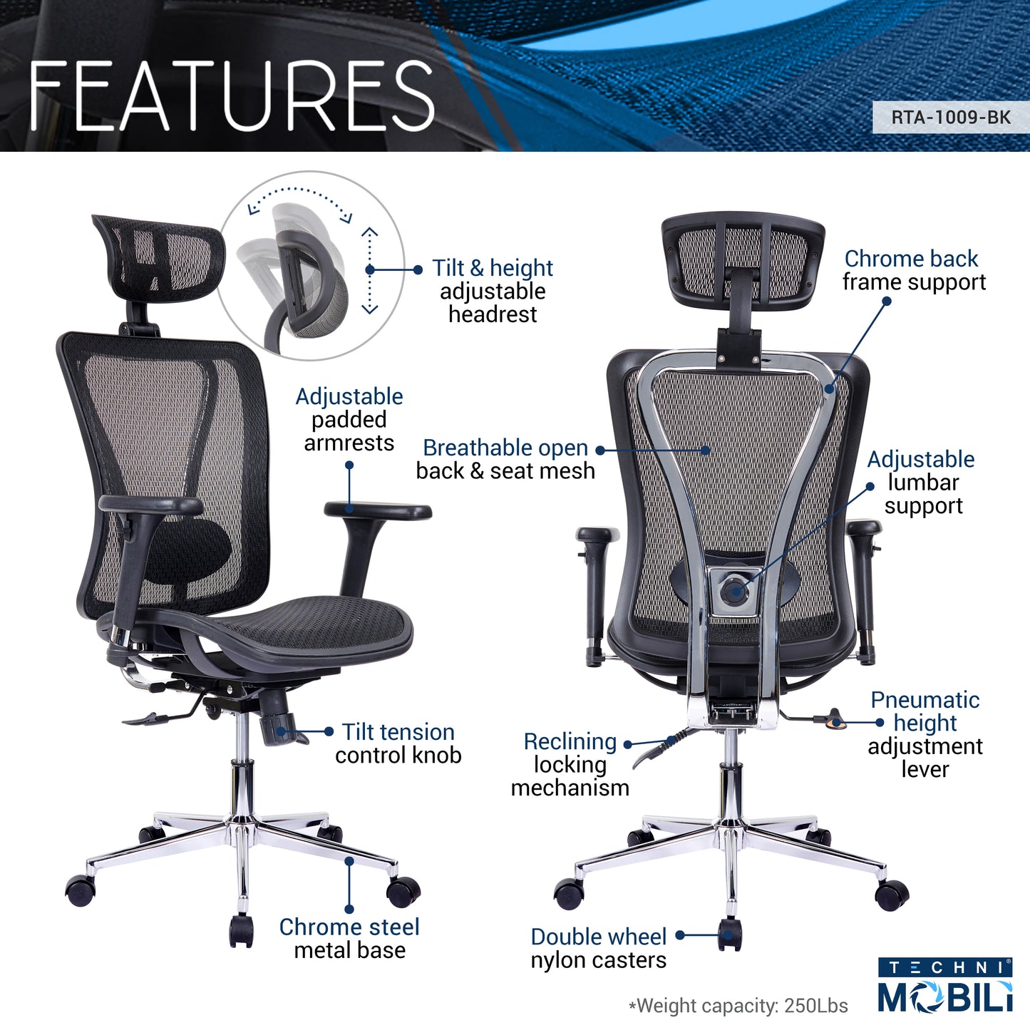 High Back Executive Mesh Office Chair with Arms, Headrest and Lumbar Support , Black