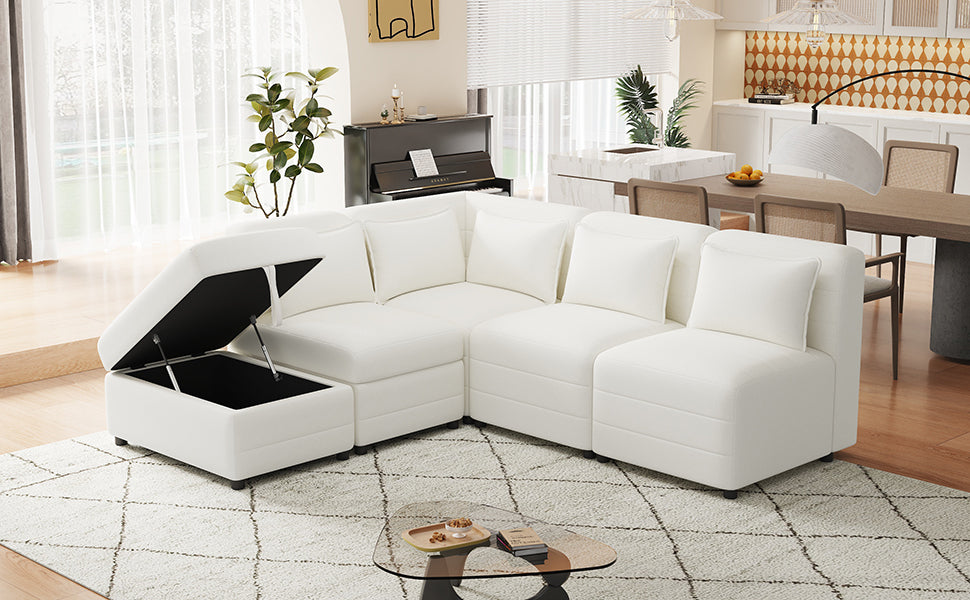 Cream 5-Seater Modular Sectional Sofa with Storage Ottoman and 5 Pillows