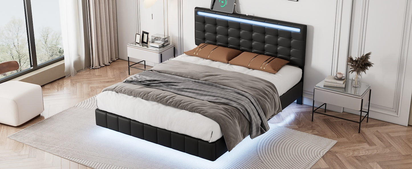 Full Size Floating Bed Frame with LED Lights and USB Charging,Modern Upholstered Platform LED Bed Frame,Black(Full)