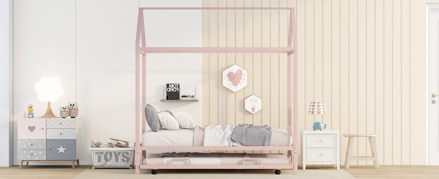 Twin Size Kids House Bed With Trundle, Metal House Bed Pink