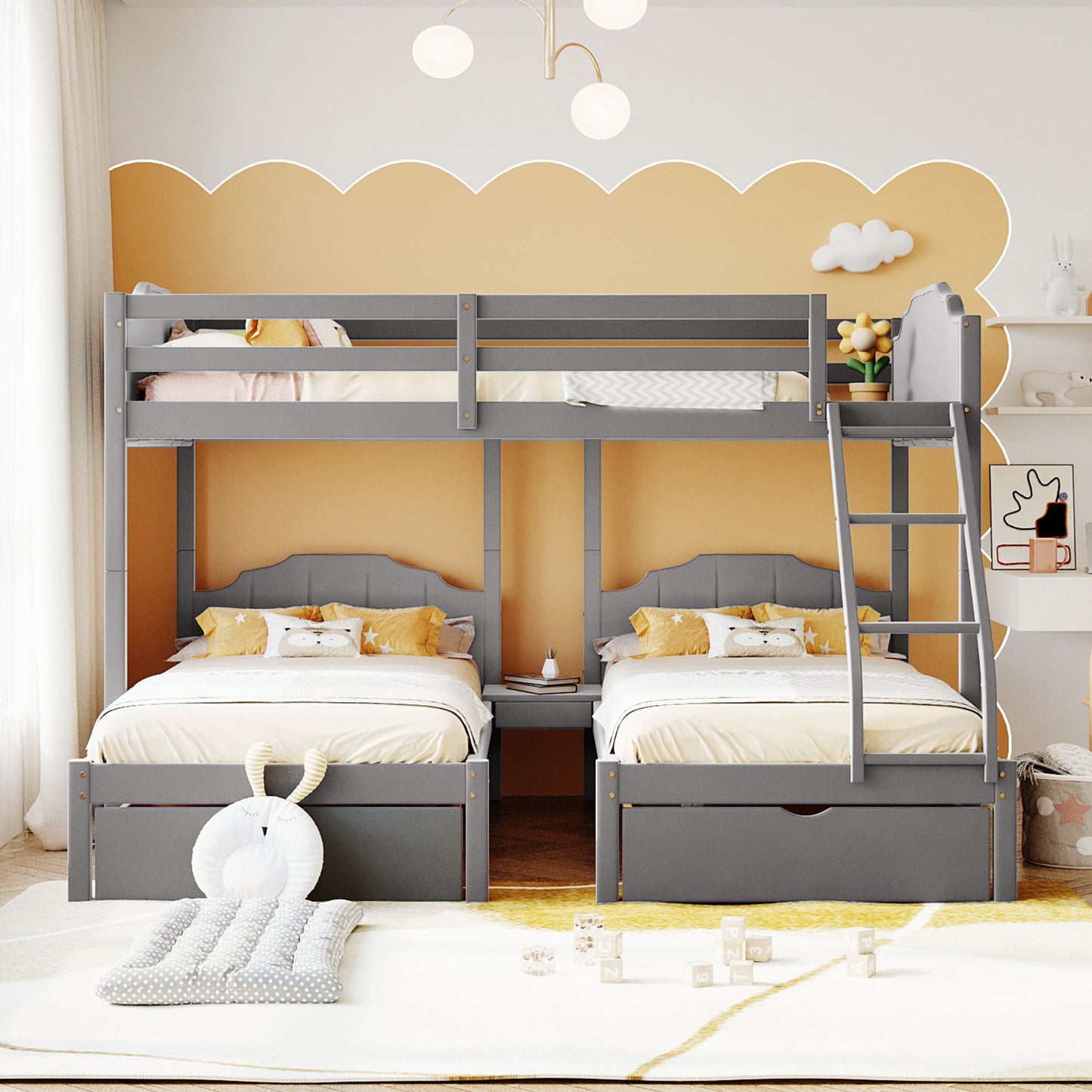 Gray Velvet Triple Bunk Bed with Full Over Twin & Twin, Drawers, Guardrails, and Space-Saving Design