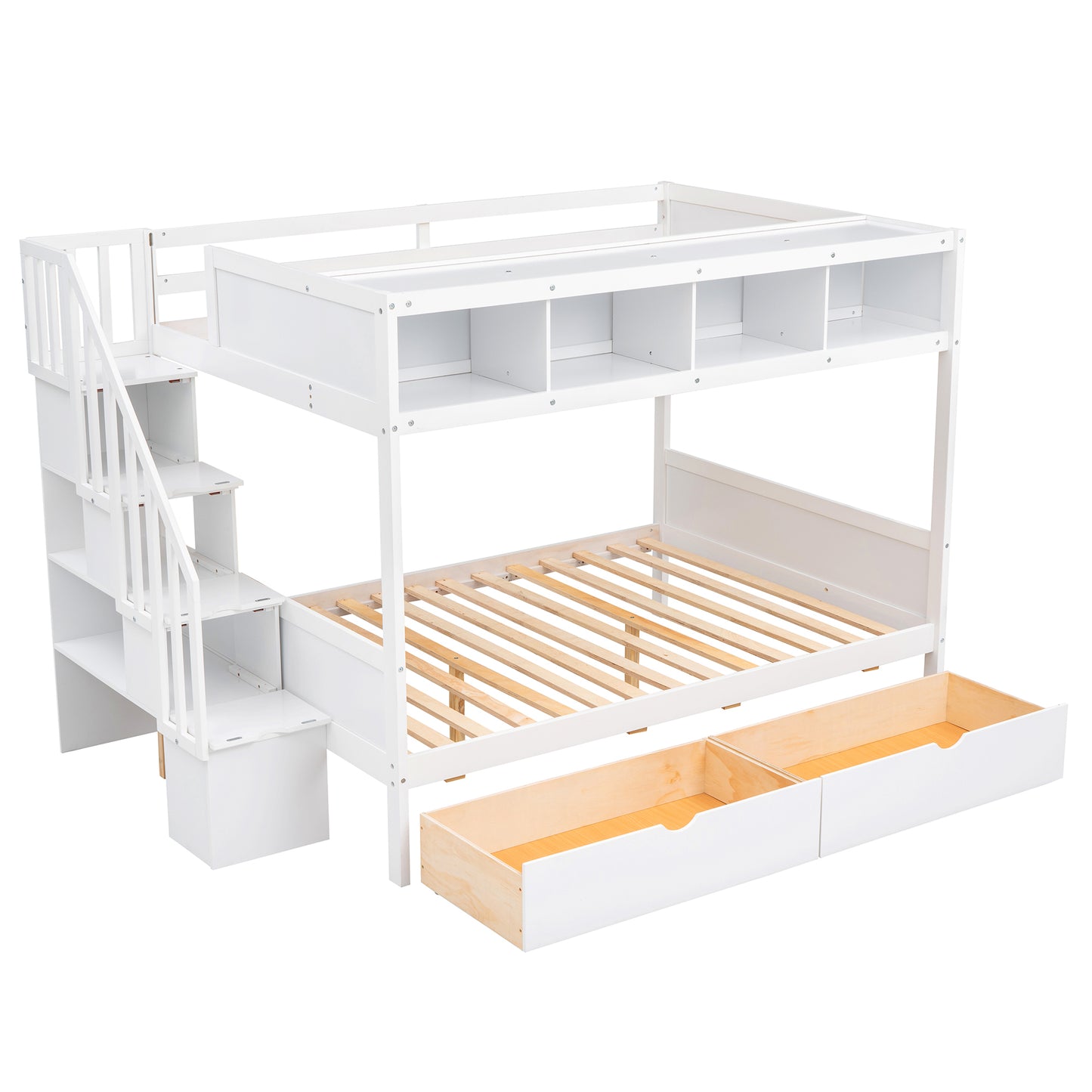 Versatile White Bunk Bed with Shelves, Storage Staircase, and Drawers