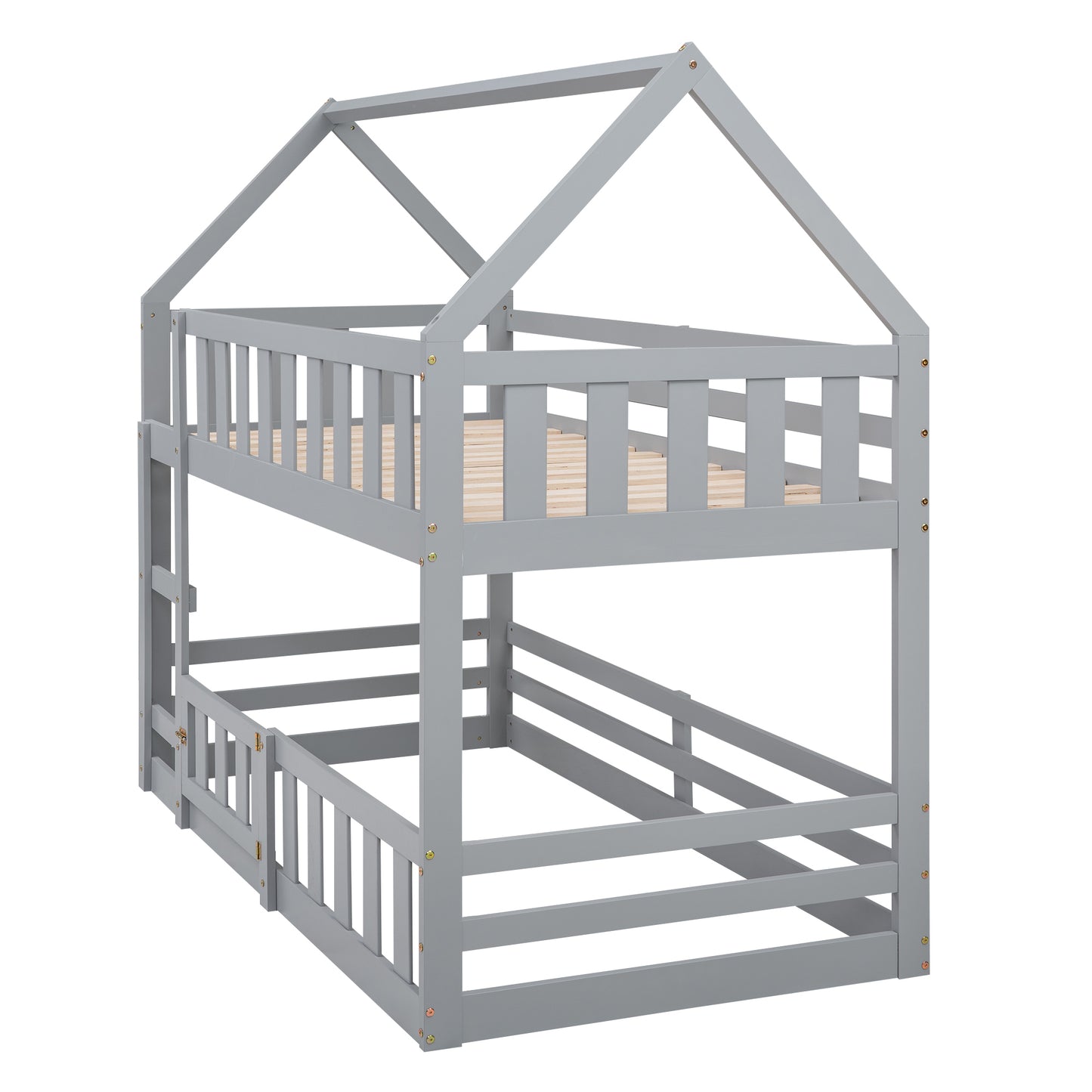 Twin House Bunk Bed with Gray Fence and Door