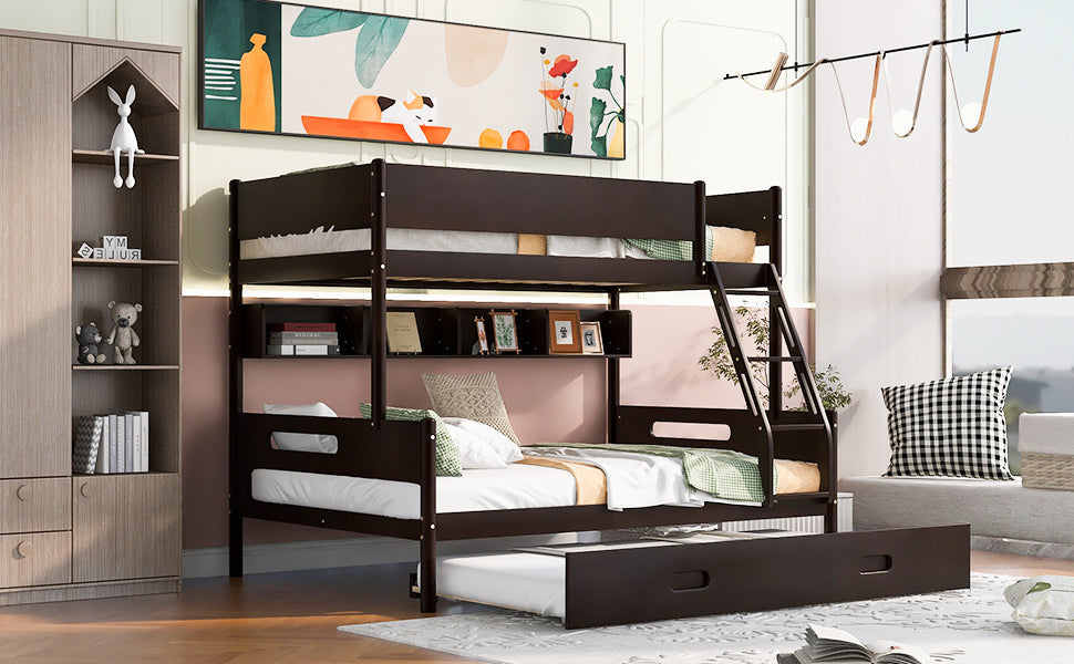 Espresso Wood Bunk Bed with Twin Over Full, Storage Shelves, Trundle, and Sturdy Construction