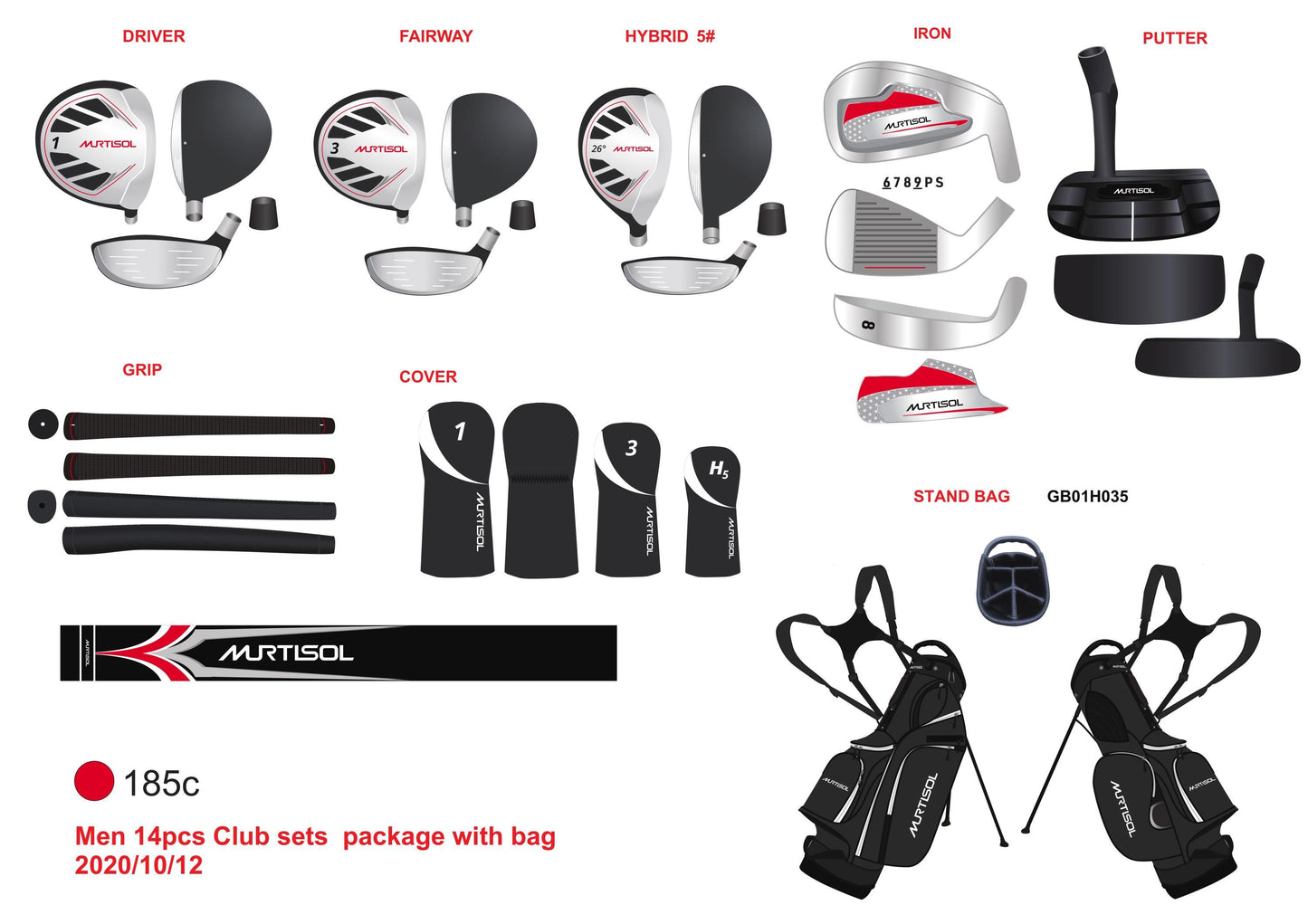 RH MEN Adult 14-Piece Golf Club Set for Men, Black and Red, Steel Construction