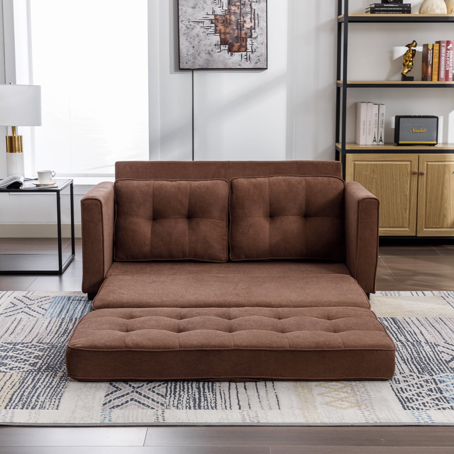 59.4 Pull-Out Loveseat Sofa Bed with Side Pocket, Brown Chenille Upholstered Couch